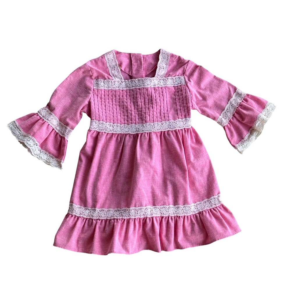 Vintage Pink Linen Lace Trim Dress Bell Sleeve Pleated Cottagecore Girls